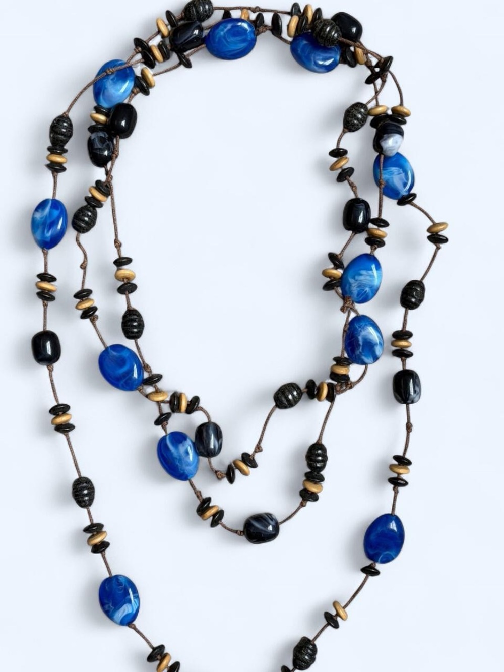 Handcrafted Blue Bead Long Necklace with Black and brown Accents